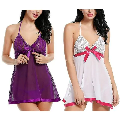 FASHION BONES Baby Doll Nightwear Robe | Kimono Lingerie | Negligee | Sleep Dress & Bra Panty Hot Sexy for Honeymoon, First Night, Anniversary for Women, Ladies & Girls (Purple & White) (Free Size)