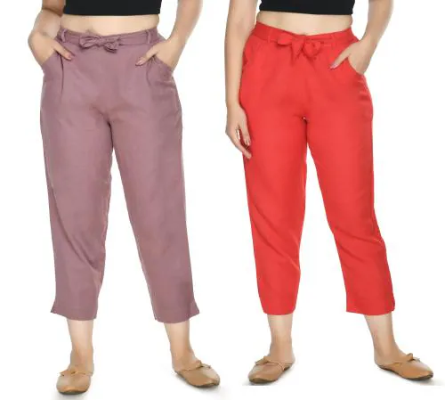 PREEGO Regular Fit Women Peach & Red Trouser Pant Pack of 2