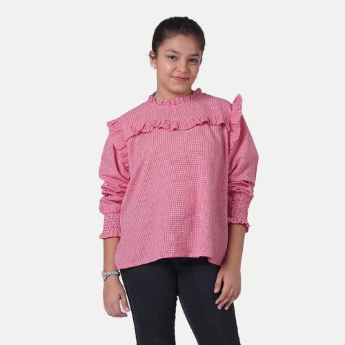 Rad Prix Women Casual Pink Blouse With Frill Detailing