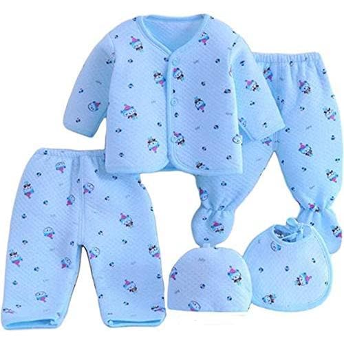 Mini Love New Born Baby Winter Wear Keep Warm Cartoon Printing Baby Clothes, Unisex Baby Fleece/Falalen Suit Infant Clothes 5 Pcs Sets (0-3 Months)