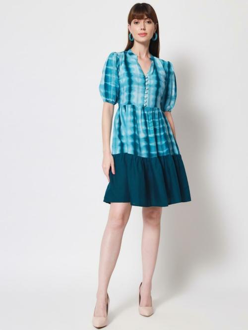 Vaani Creation Women Green Tie and Dye Viscose Rayon Fit and Flare Dress (XL)