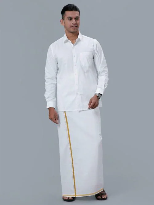 Ramraj Men White 100% Cotton Spread collar Long sleeves Solid Pure Cotton Shirt & Dhoti.