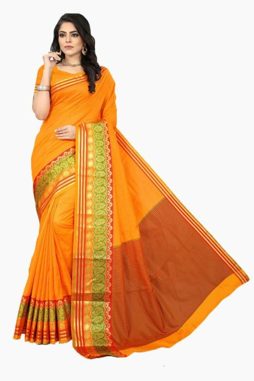 Mermaid Ocean Solid/Plain Dharmavaram Handloom Cotton Silk Saree (Orange)