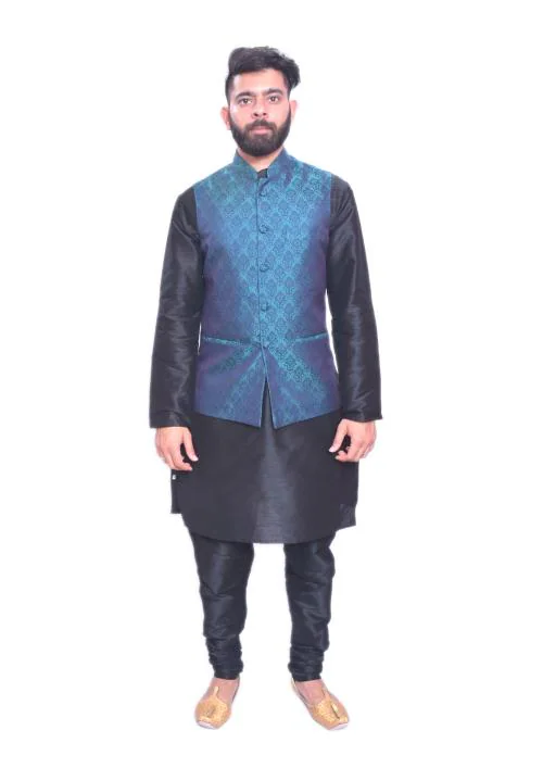 HFP Men's Black Matching Kurta Churidar With Deep Sky Blue Waistcoat