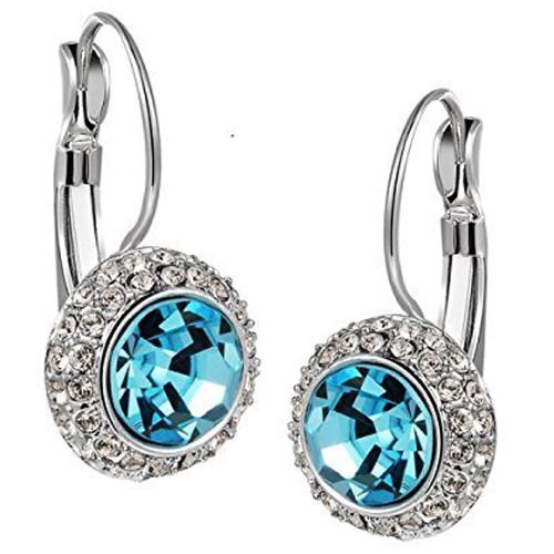 Okos Rhodium Plated Aqua Blue Solitaire Crystal Hoop Earrings for girls and women ER1000056