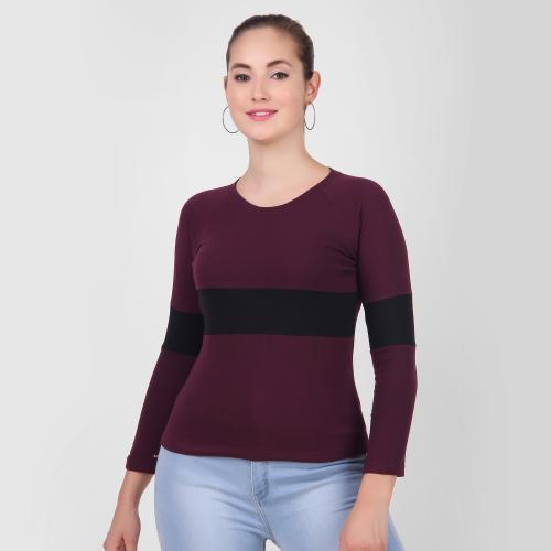 DIAZ Cotton Regular Fit Full Sleeve Striped T-Shirt for Women Size L For Color Black