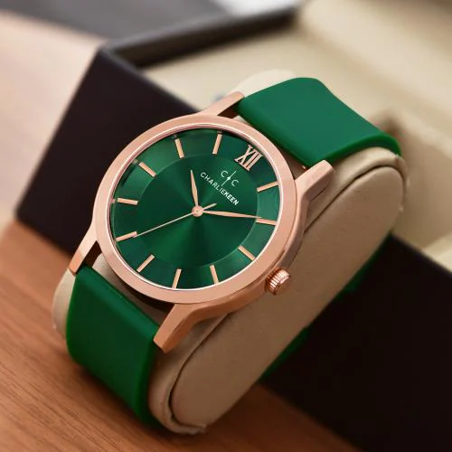 CHARLIEKEEN Green and Rose Gold Watch with Roman Numeral Accent Analog Watch - For Men