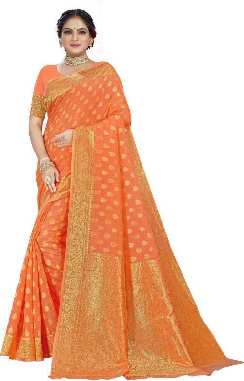 Ashika Women Orange Printed Pure Cotton Saree with Unstitched Blouse Piece (pack of 4)