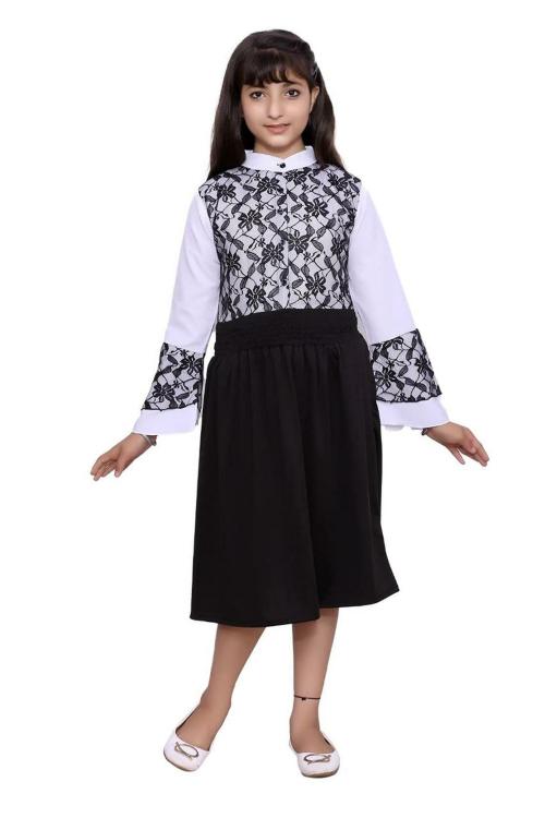 FELLAMO Girls White, Black Knee Length Top, Skirt