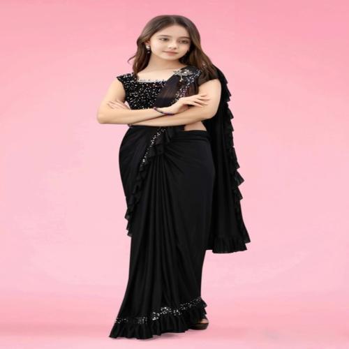 KESWI FAB Kids Lycra Blend Ready To Wear Saree With tikala work Blouse Piece