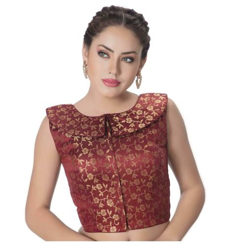 Rinkoo Women's Brocade Floral Sleeveless Readymade Saree Blouse (R224-COFFEE Maroon_34_D_Red_X-Small)