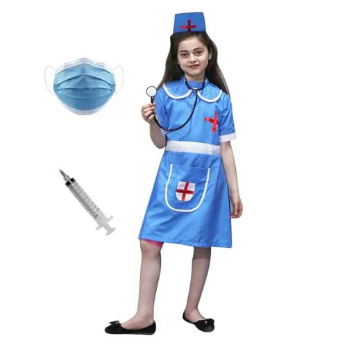 Kaku Fancy Dresses Our Community Helper Nurse Costume For Kids | Nurse Blue Frock And Cap With Stethoscope For Girls -14-17 Years