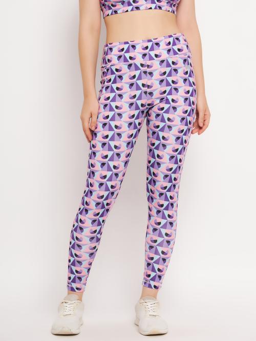 Clovia High Rise Geometric Print Active Tights in Purple with Side Pocket