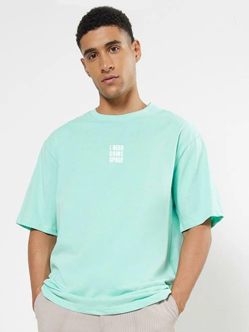 Bewakoof Men's Green I Need Some Space Teddy Graphic Printed Round Neck Short Sleeve Oversized T-shirt