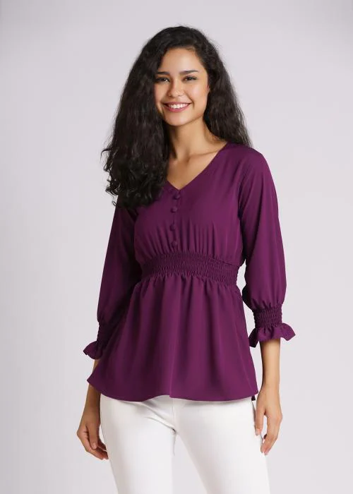 AASK Casual Wear Smocked Top Western wear V Neck tops for women & Girl Purple Color