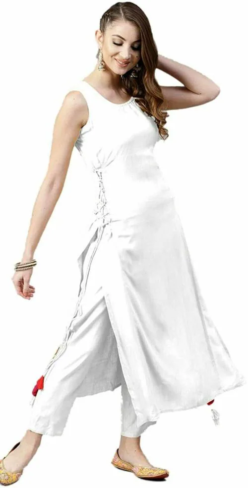Saucy Belle Women Rayon Sleeveless Round Neck Long Kurti and Pant Set (White)