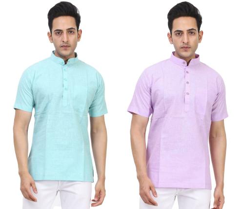 Kundan Men Light Green & Light Purple Solid Pure Cotton Pack Of 2 Short Kurta