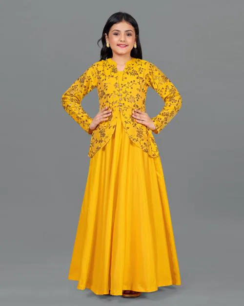 Fashion Dream Girls Yellow Taffeta Dress With Attached Foil Printed Shrug | Dresses | Kids Wear | Girls Dress | Kids Dress | Dress | Dresses For Girls | Maxi Dress | Kids Girls Dress