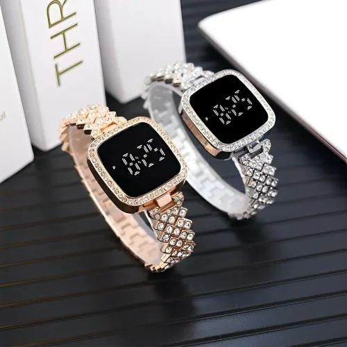 LAZYwindow Luxury LED Touch Screen Digital Watch For Girls & Women CZ Stone Bracelet Watch Elegant Timepiece (Silver & Rose Gold) Pack of 2