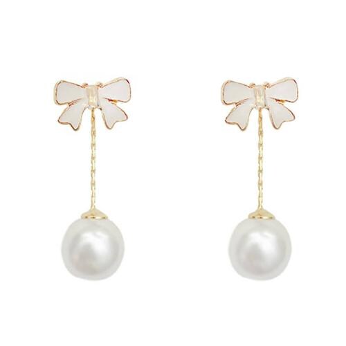 Kairangi by Yellow Chimes Metal Statement Bow Shaped Stud Pearl Hanging Back Drop Earrings for Women and Girls - 8 cm
