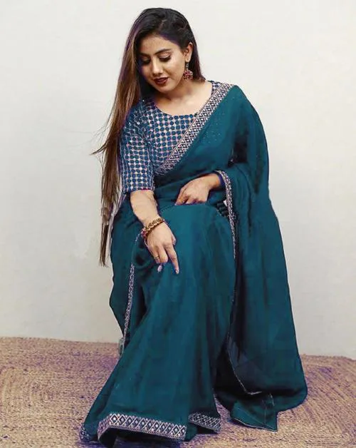 Women's Silk Embroidery Border Saree with Heavy Work Blouse Unstitched Piece