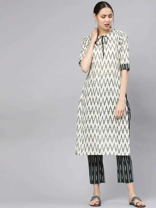 House of Baben Women White Printed Cotton Silk Kurta and Trousers Set (XXL)