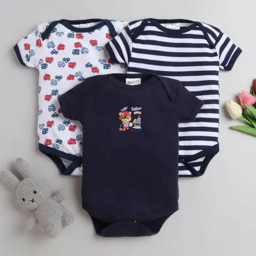 MM IMPEX Baby Boys and Girls Navy Blue Striped, Printed Cotton Blend (Pack of 3) Romper 9-12 MONTHS| Rompers |Sleepsuits | Jumpsuit |Body suits