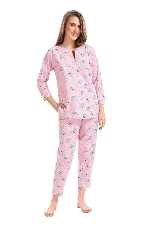 PIU Women Coffee Pink Cotton Kurta Pajama Style Night Suit Set, size L