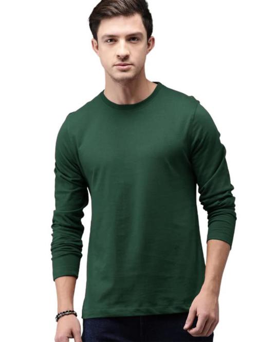 Lazychunks Men Olive Green Solid Cotton Blend Round Neck T-Shirts