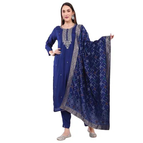 Divaay Unstiched Salwar Suit Dress Material Navy Blue (Top- Silk,Duppata -Banarasi Silk, Bottom - Shantoon)