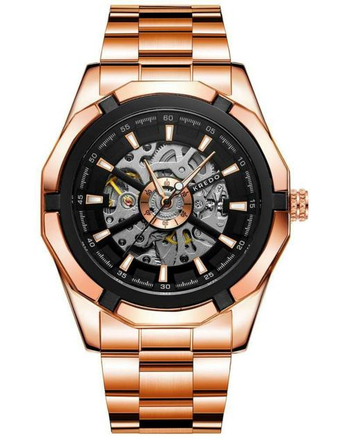 Kredo Analogue Black Dial Rose Gold Strap Performante Automatic Skeleton Watch For Men - Kw128