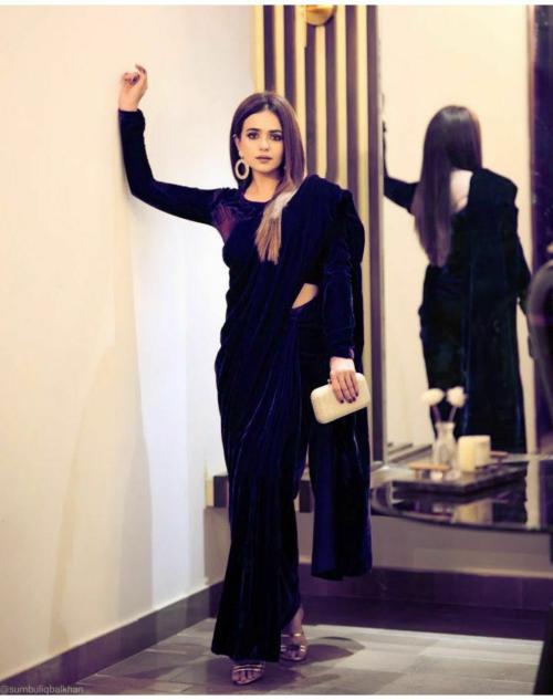 PMD Fashion Women Blue Self Design, Striped, Solid Velvet Bollywood Saree