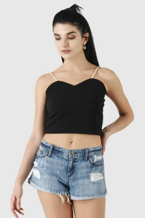 Popwings Women Casual Black Pearl Strap Women Crop Tops | Tops for Women | Tops For Women Stylish | Tops Latest Design For Women