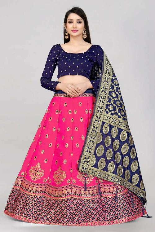 Fabcartz Women Gajri, Navy Blue Self Design Jacquard Lehenga Choli