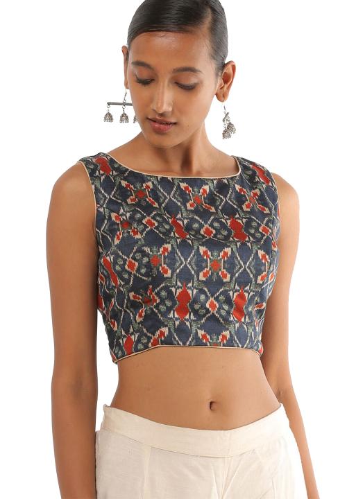 Salwar Studio Women's Blue Cotton Back Open Readymade Saree Blouse