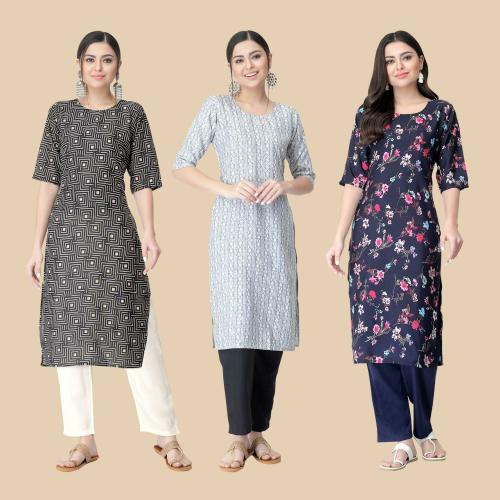 kurti for women kurti crepe kurti 1 Stop Fashion Women's Crepe Beige Digital Printed Straight Kurti Pack of-3