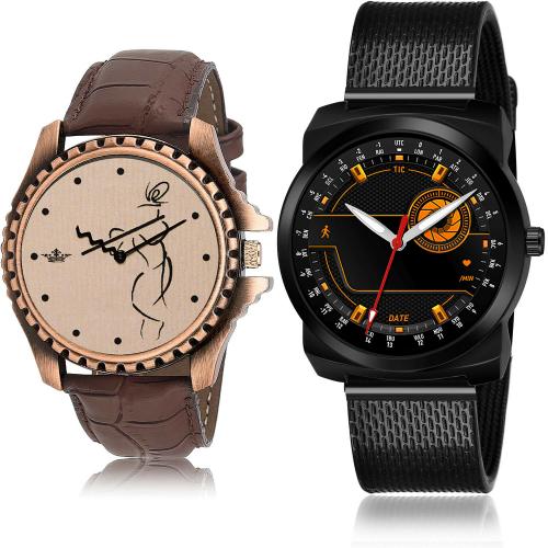 TIMENTER Contemporary Wrist Shree Krishna Brown And Black Colour Analog Genuine Leather And Plastic Belt 2 Watch Combo For Boys And Men - BL46.65-(52-S-10)