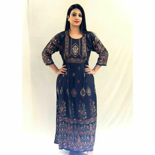 Glatt Cotton Fabric Printed Long Gown Dress for Women's and Girls | Long Gown | Casual Long Gown | Color-Dark Grey | Size-XXL