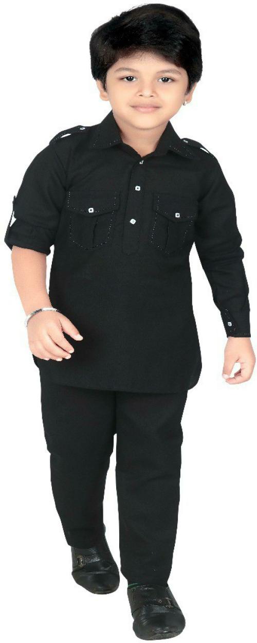 Ahhaaaa Boys Black Full Sleeve Cotton Blend Solid Pathani Suit Set