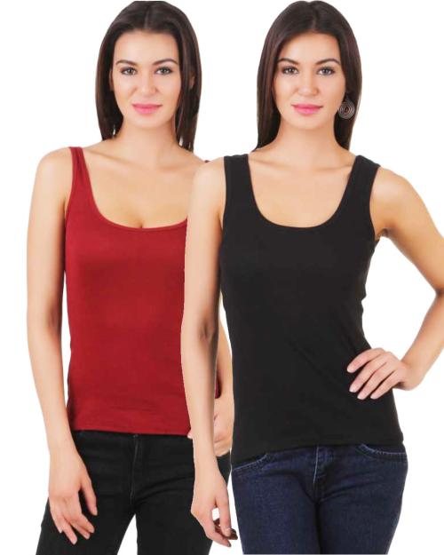 LooksOMG's Cotton Camisole / Snaghetti for girls in Black & Maroon pack of 2.
