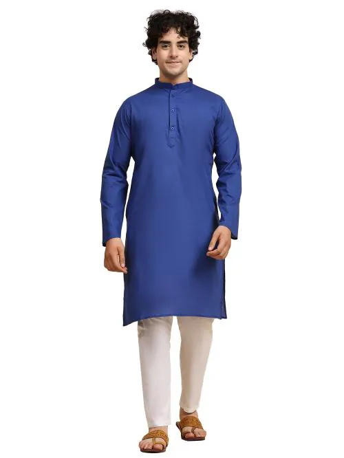 SKAVIJ Men's Tunic Cotton Kurta Pajama Indian Yoga Casual Dress Set (XX-Large, Royal_Blue)