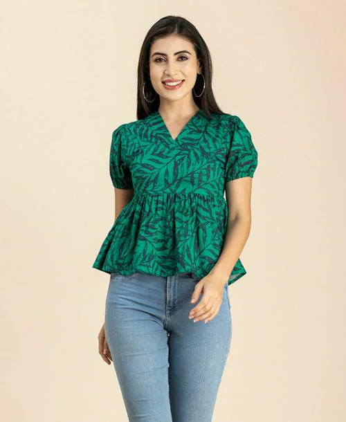 Moomaya Women's Short Puff Sleeves Peplum Top, V Neck Cotton Crop Top