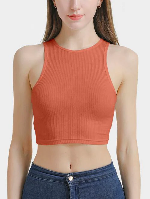 UNIKKART Orange Crop Top For Women Round Neck T Back Ribbed Sleeveless Tank Crop Top M