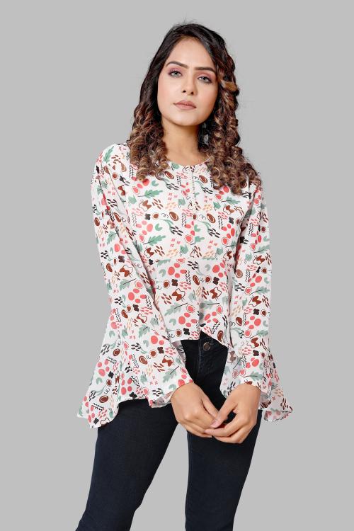 Qosha Women Multicolor Printed Georgette High Low Top - L