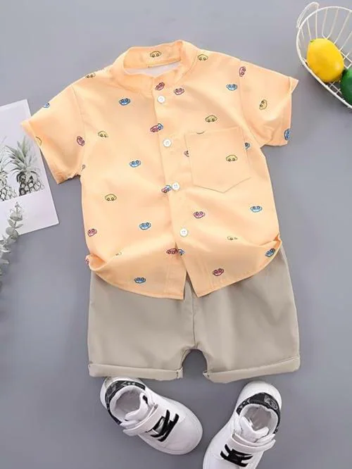 VANI COUTURE Shirt Short Set For Boy || Clothing Set For Little Boys || Boys Western Outfit || Fancy Cloth Set || Cotton Base Clothing Set || Printed Shirt Short Set || Summer Cloth For Baby Boys || Outfit For 1 To 5 Year(Orange & Beige 3 To 4 Year)