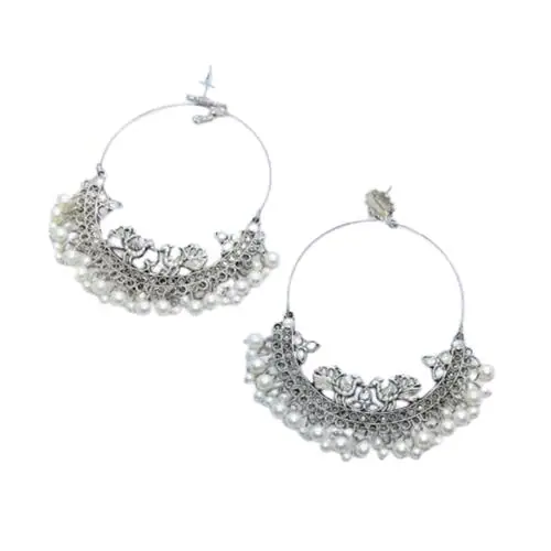 Honbon Oxidised Silver Finish Peacock Design Hoop Chandbali Jhumka Earring for Women Pack of 1 Pair