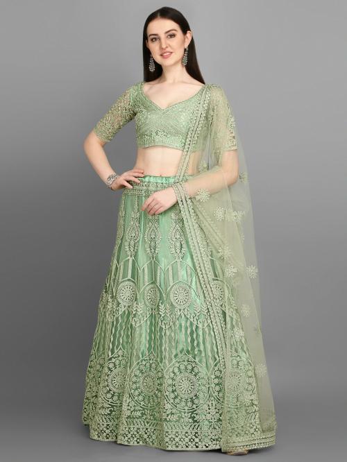 Bollyclues Women's Pista Embroidered Net Semi-Stitched Lehenga Choli