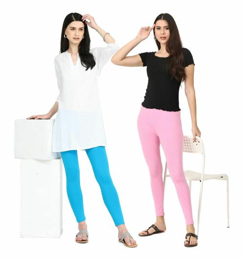 Robinbosky Women's Premium Cotton Lycra Ankle Leggings_Pack of 2_Blue And Pink_M