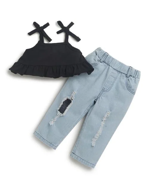 Hopscotch Baby Girls Cotton And Elastane Solid Top And Jeans Set In Black Colour For Ages 9-12 Months (FUF-3399152)