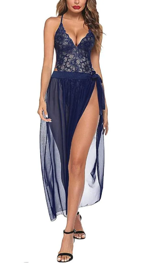 SKMODEL STYLISH Women Hot & Sexy One Piece Lingerie Set For Honeymoon Deep V Lace Bra Net Baby Doll Lingerie Set Nightwear Dress Babydoll (Dark Blue)(XL)